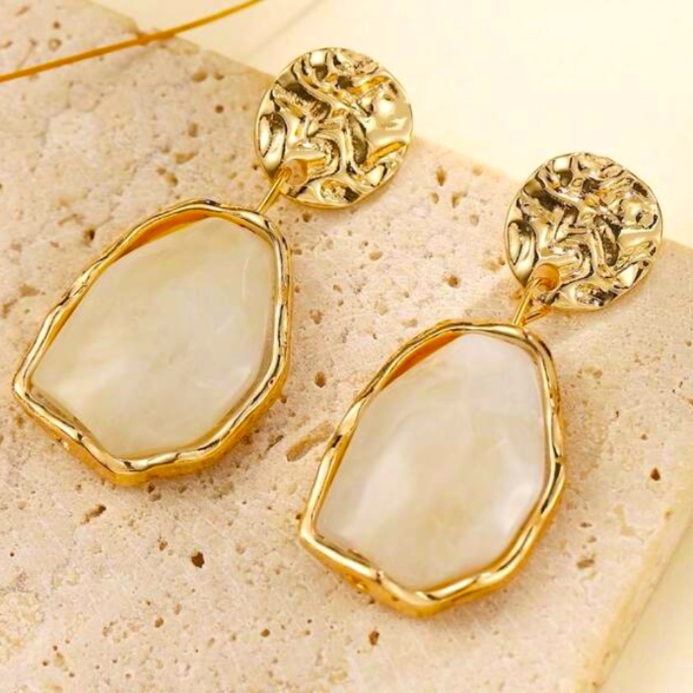 Gold White Stone Dangle Earrings